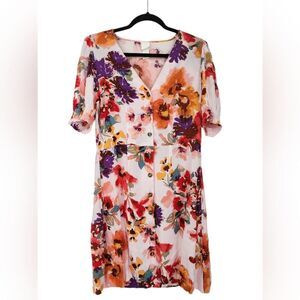 H&M Orange/Purple/Red/pink Floral Puff Sleeve V-Neck Sundress - button - Size S